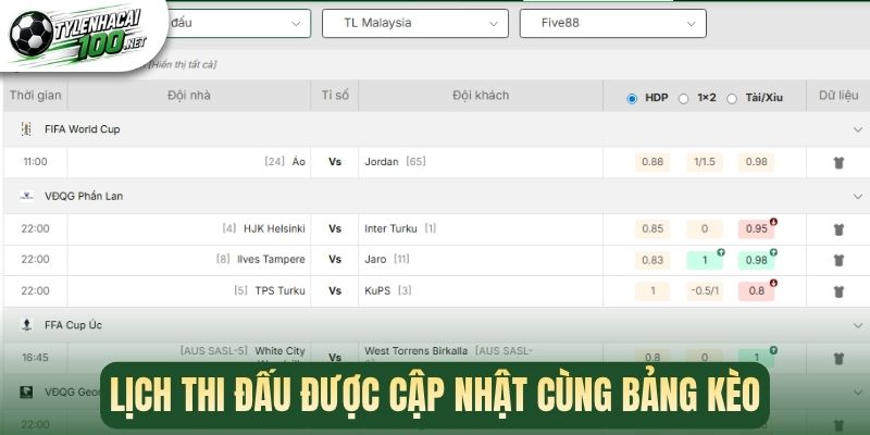 Lịch thi đấu được cập nhật cùng bảng kèo